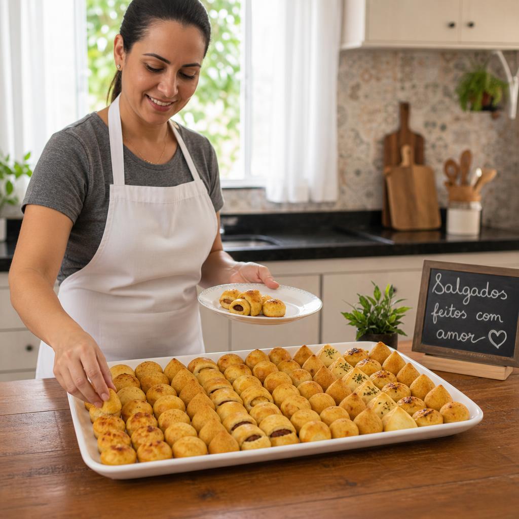 Cozinheira colocando salgados assados em uma bandeja na cozinha de casa